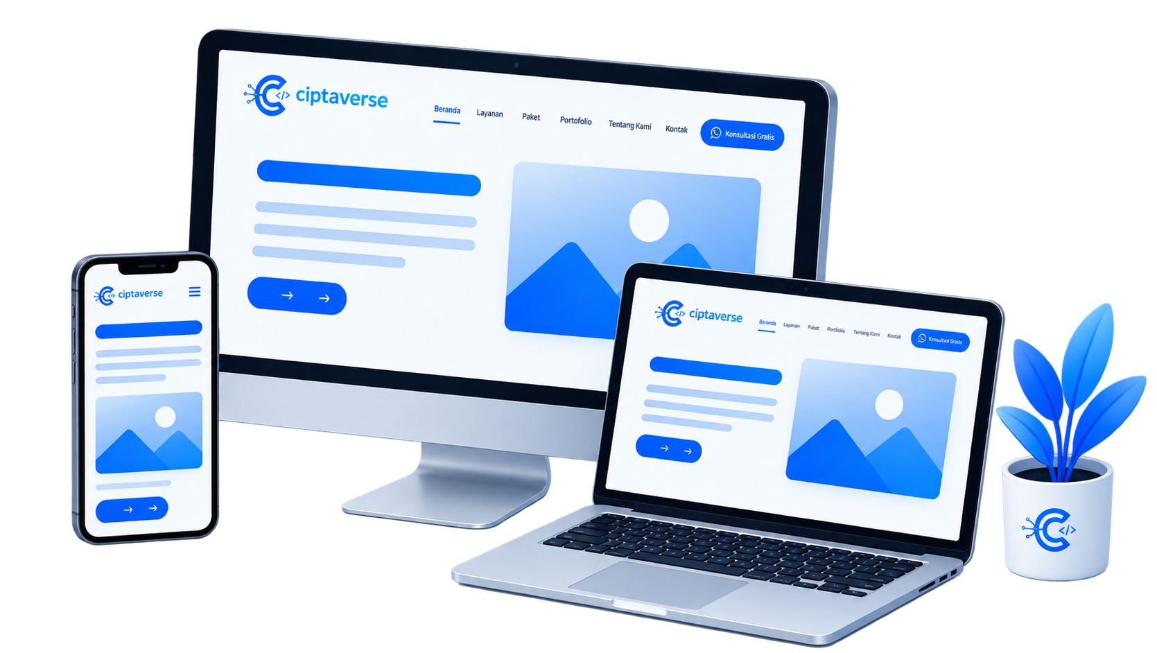 Ciptaverse website responsif ditampilkan di desktop, laptop, dan smartphone